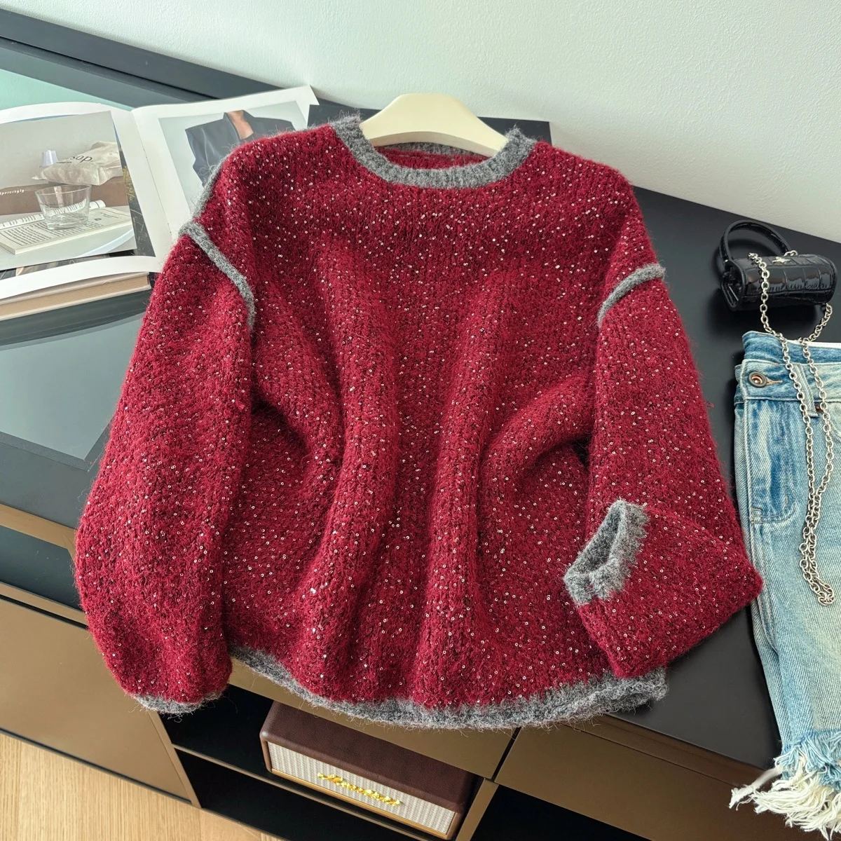 

Women's Christmas Red Cardigan Sequins Sweater Outerwear 2000s Vintage Jumper Knit Long Sleeves Cashmere Sweater For Women 2025