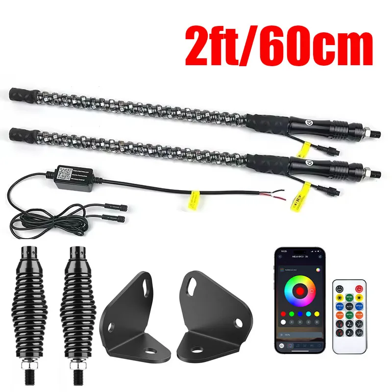 2FT LED Whip Lights With RGB Chasing LED Flag Whip Antenna Light Mounting Bracket Quick Release Barrel Spring Base For Can Am