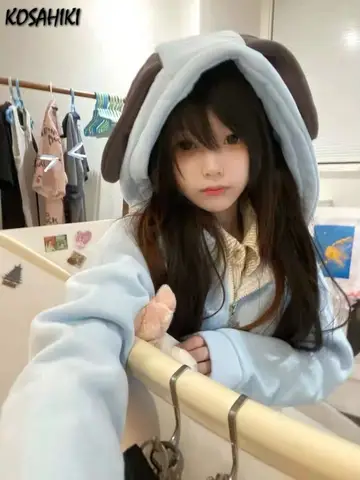 Japanese Kawaii Light  Blue Zipper Loose Hoodies Y2k Aesthetic Vintage Embroidery Letter Sweatshirts Streetwear All Match Coat