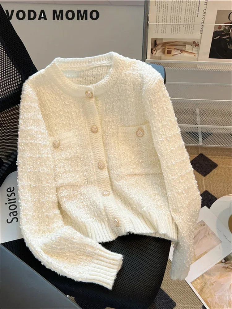 Temperament Graceful round Neck Chic Button Loose Casual All-matching Short Knitted Outerwear Women South Korean Chic Autumn