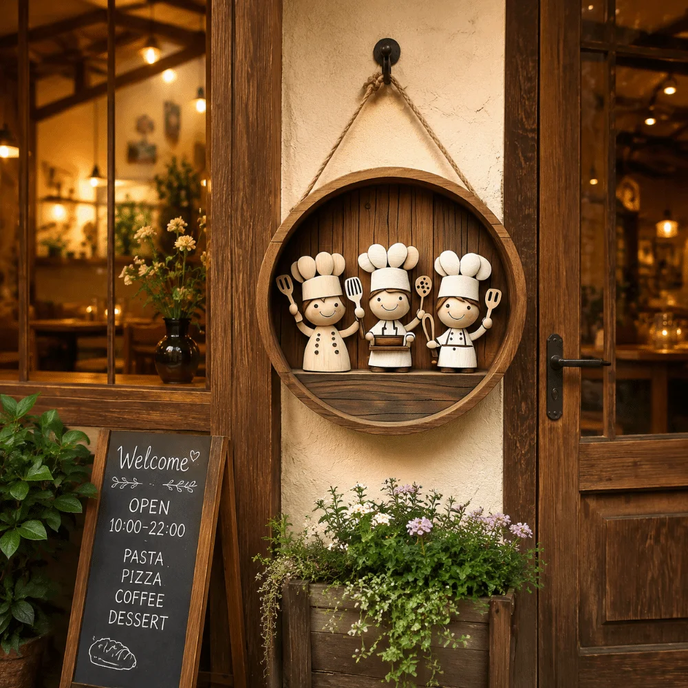 Cartoon 2D Plan Kitchen Sign Door Wreath Hanging Decoration Restaurant Chef Pendant Decorative Plate Wooden Chef Wall Decor Bar