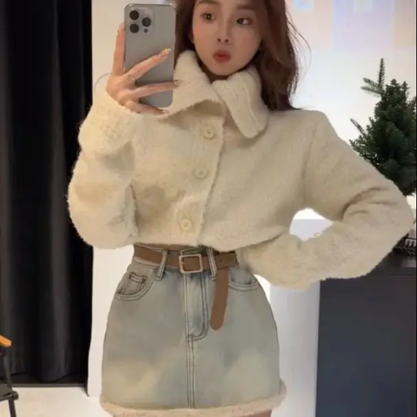 Single Piece/Two Piece Small Fragrance High Collar Single Breasted Cardigan Sweater Denim Skirt Autumn Winter Korean Style Suit