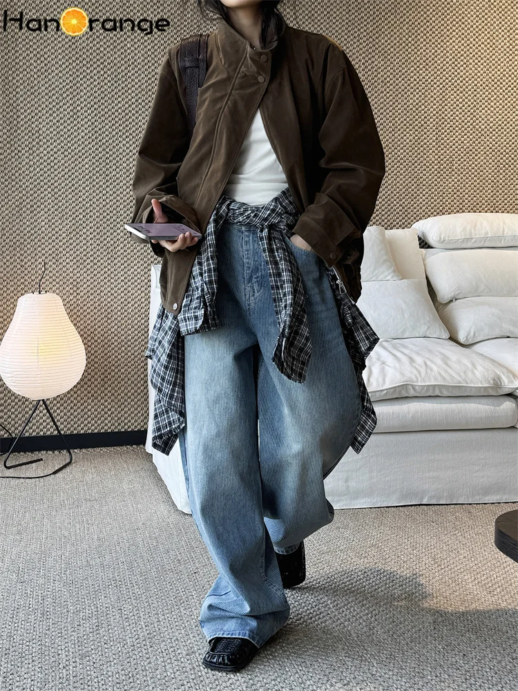 

Джинсы HanOrange 2026: Ретро-минимализм, эффект потертости, изогнутый крой, свободные брюки для женщин, черные/синие/кофейные