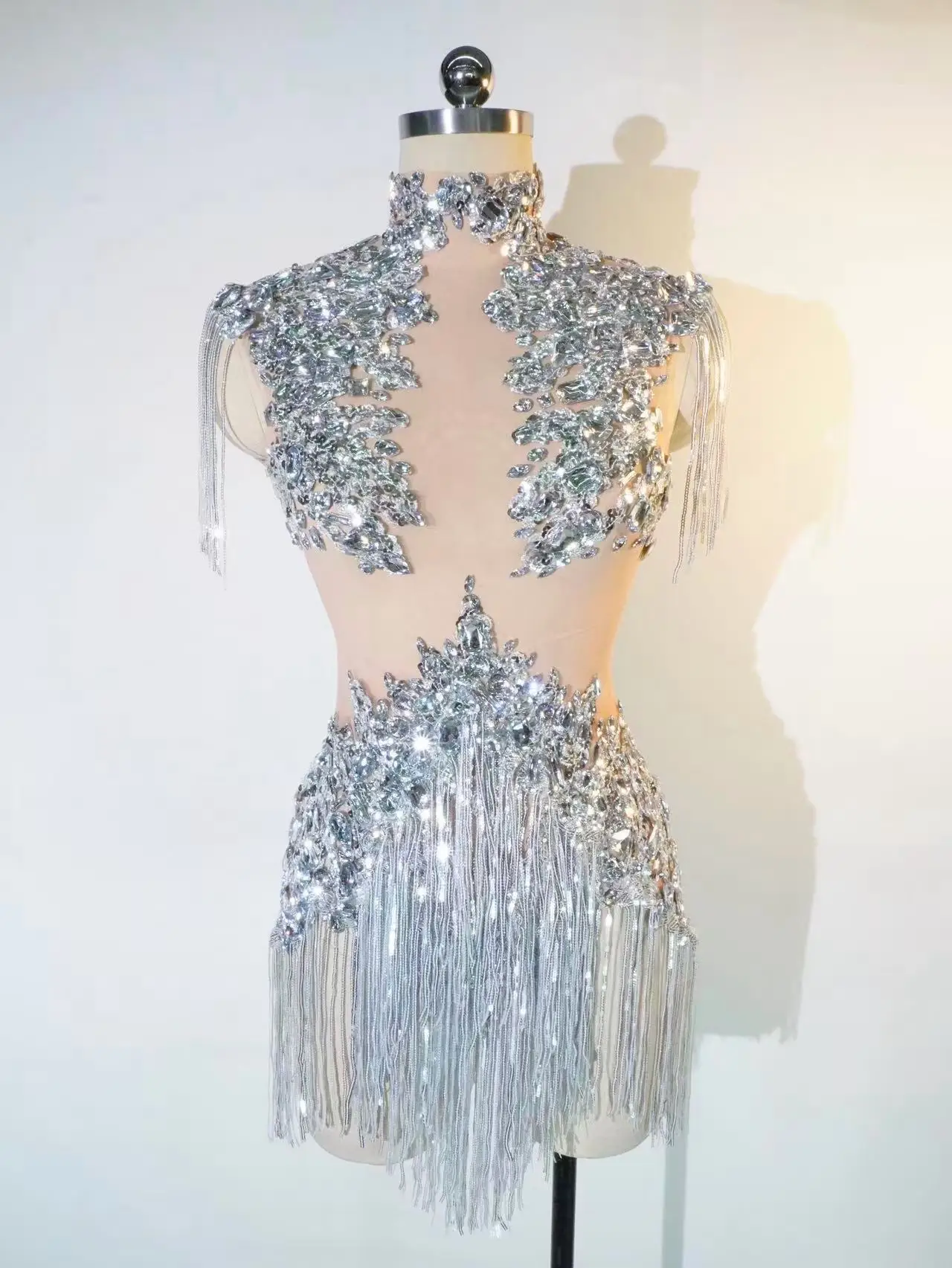 

Glittering Tassel Sequins Crystal Silver Tassel Jumpsuit Stage Singer Birthday Party Nightclub Latin Dance Performance Costume