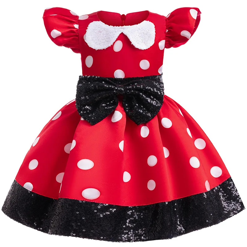 Baby Girls Polka Dot Summer Dresses Sequin Bowknot Red Princess Dress for Birthday Gift Children Cartoon Mouse Cosplay Costume
