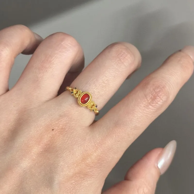 جديد الصينية تخريمية الأحمر الزركون خاتم المرأة الذهب الرجعية مجعد العشب نمط الحب حلقة الأزياء الخفيفة الفاخرة عالية الشعور #3