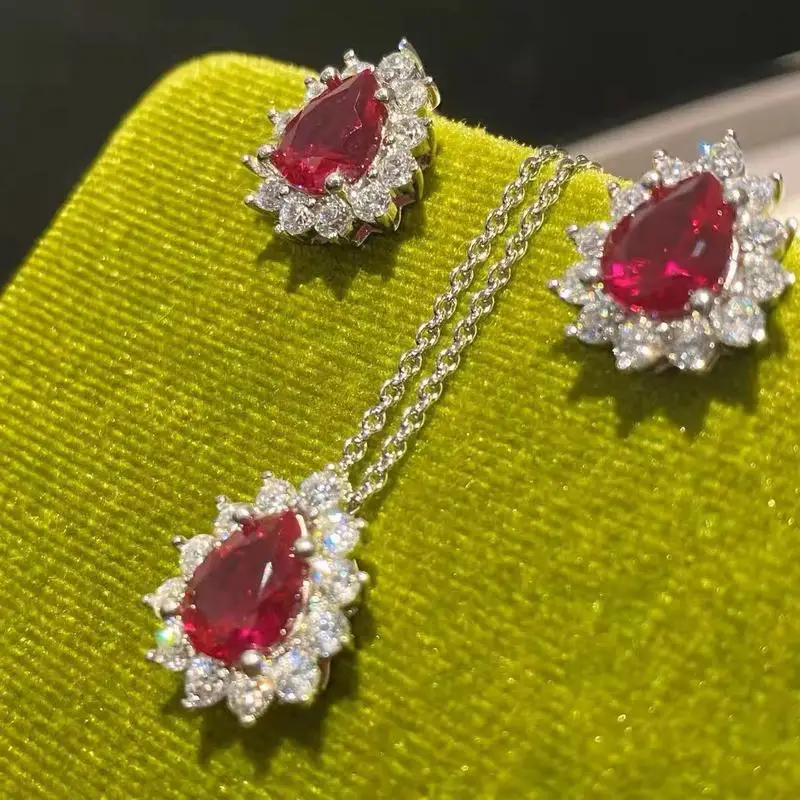 925 Sterling Silver Color Treasure Red Pigeon Blood Necklace, Women's Light Luxury High-End Earrings Fashion Two-Piece Set