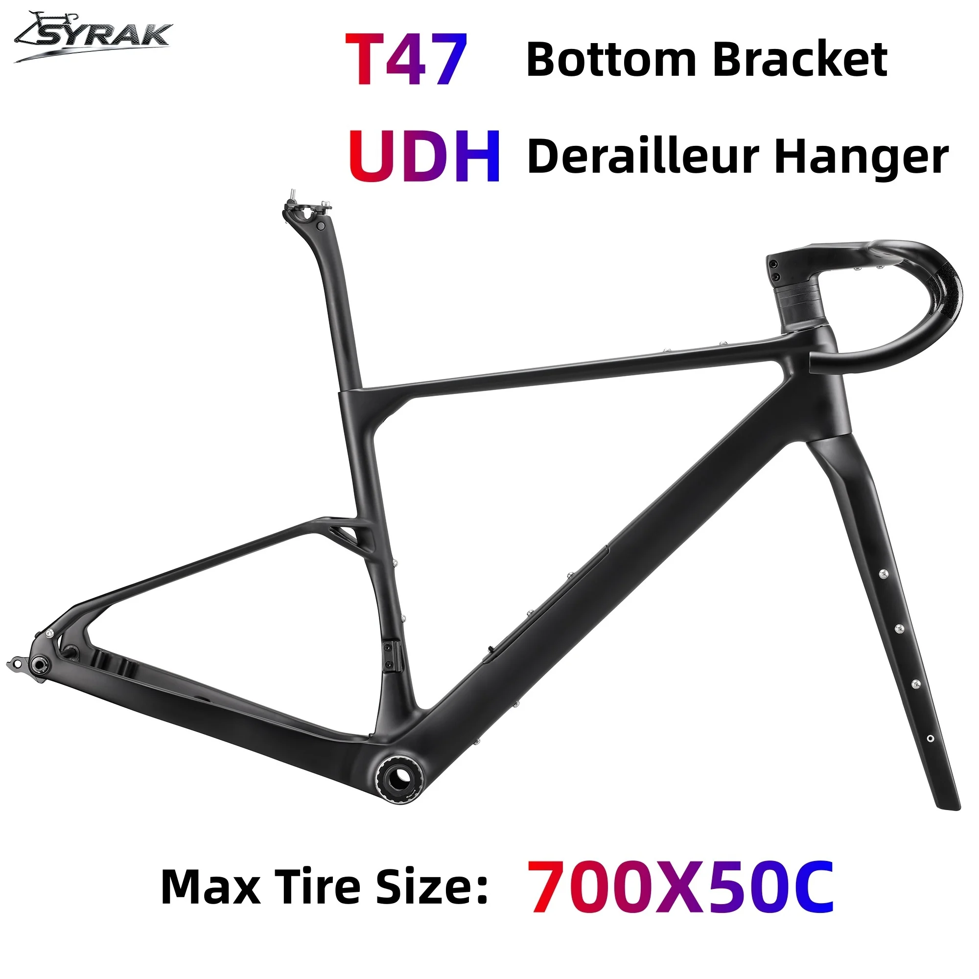 

SYRAK T1100 Lightweight Carbon Gravel Bike Frame Max Tire 700*50C UDH Hanger T47 Thread Disc Brake DIY Color Gravel Bike Frame