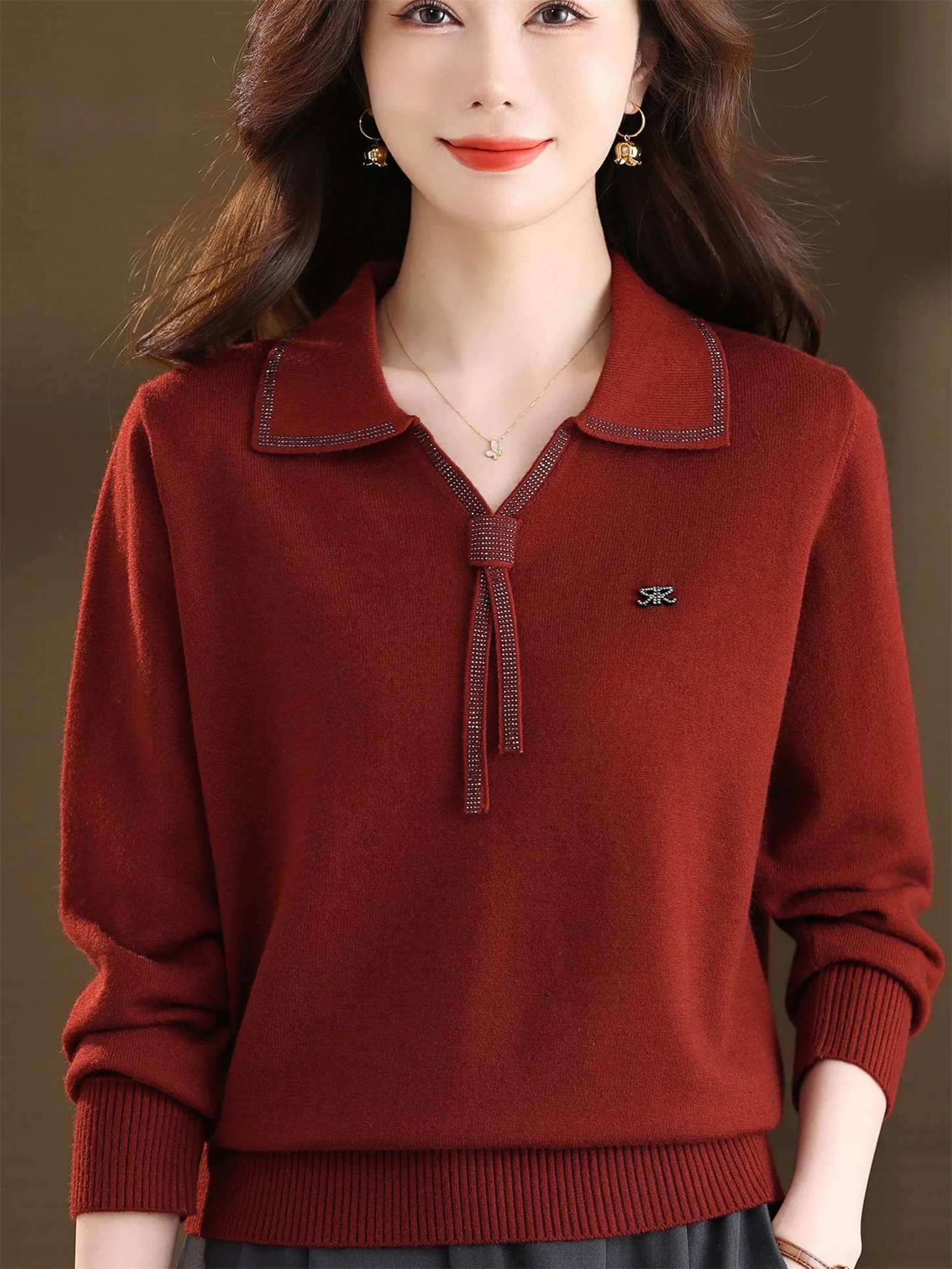 

Elegant Midlife Mom Knitwear Spring Autumn New Style Bow Loose Fit Turn-down Collar Slimming Sweater Casual Comfortable Top
