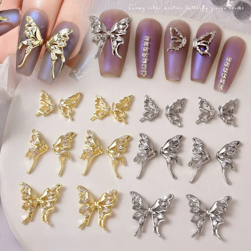1Pc Popular Liquid Butterfly Zircon Nail Charm, Color-preserving Metal Spliced 3D Wings Luxury Nail Art Decoration Accessory
