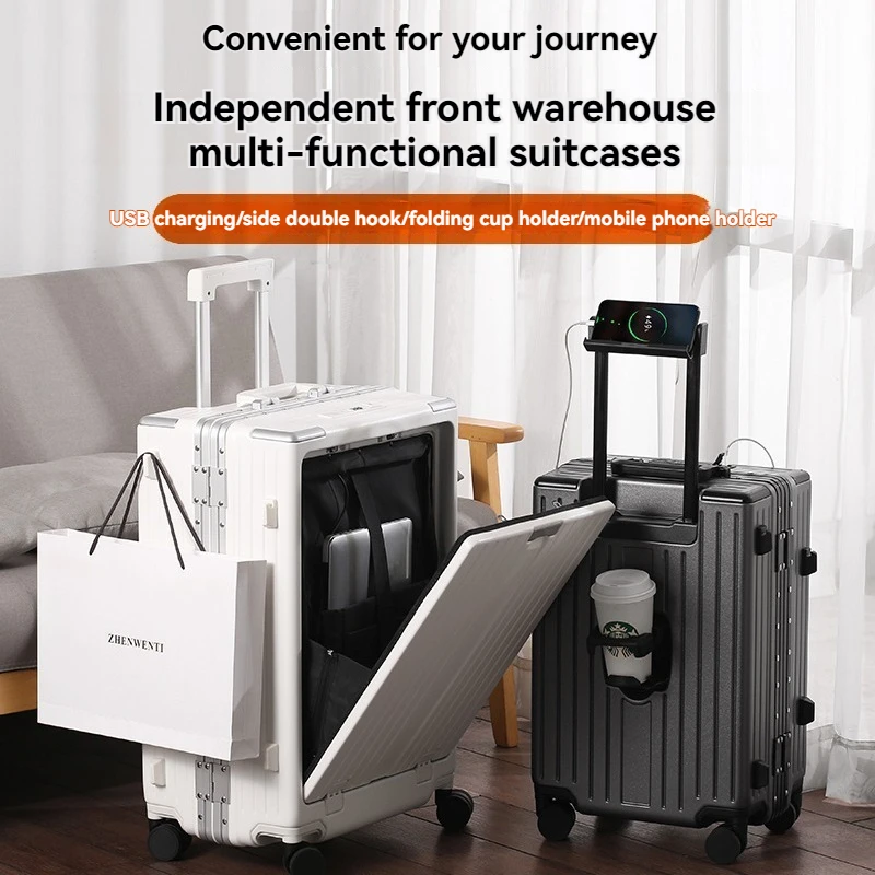 Estojo de viagem multifuncional com 24 quadros de alumínio, interface de carregamento duplo USB, abertura frontal, compartimento para computador e compu