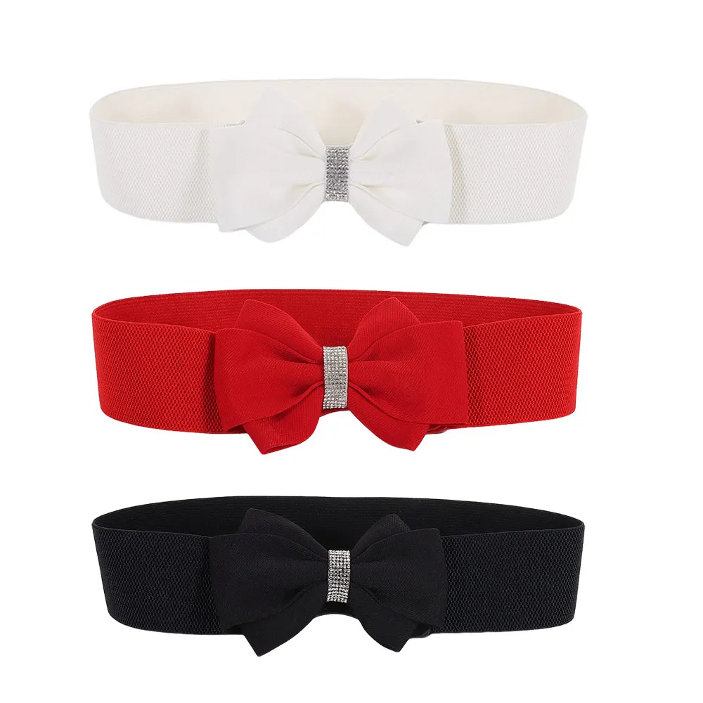 Adjustable Buckle Women's Elastic Wide Belt Plus Size Solid Color Elastic Bow Belt Rhinestone Stretch Belt for Dress Jeans