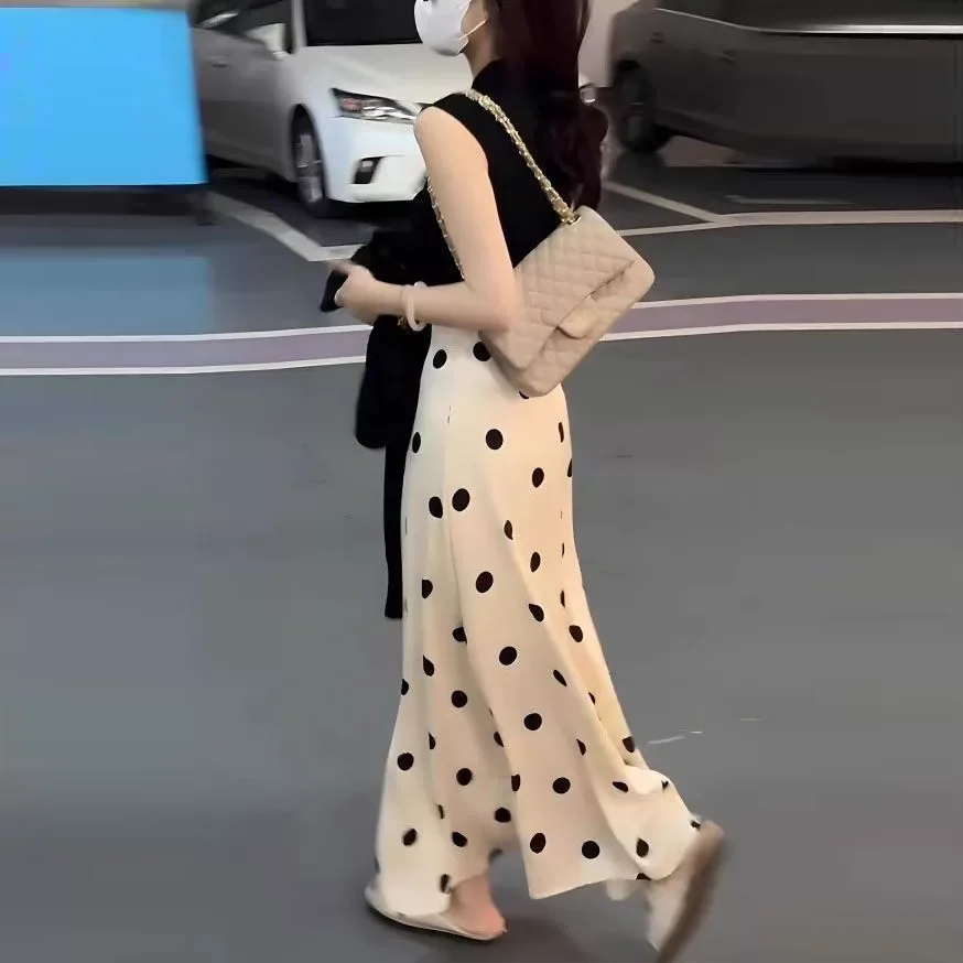 Satin Skirts Women Spring Summer Polka Dot Korean Fashion Faldas Mujer Elegant Sweet A-line Retro Long Skirt