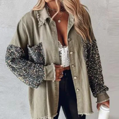 2025 New Spring and Autumn New Loose Casual Sequin Denim Tassel Shirt Jacket Women Clothing