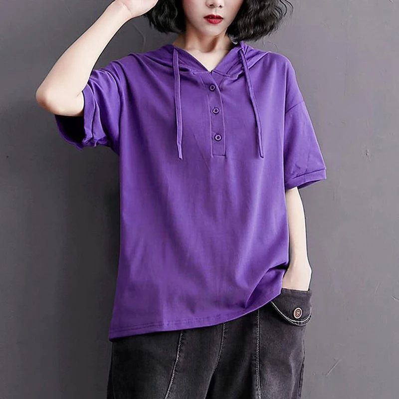 

Fashion Solid Color Button All-match Hooded T-Shirts Women's Clothing 2025 Summer New Loose Casual Tops Commuter Tee Shirt