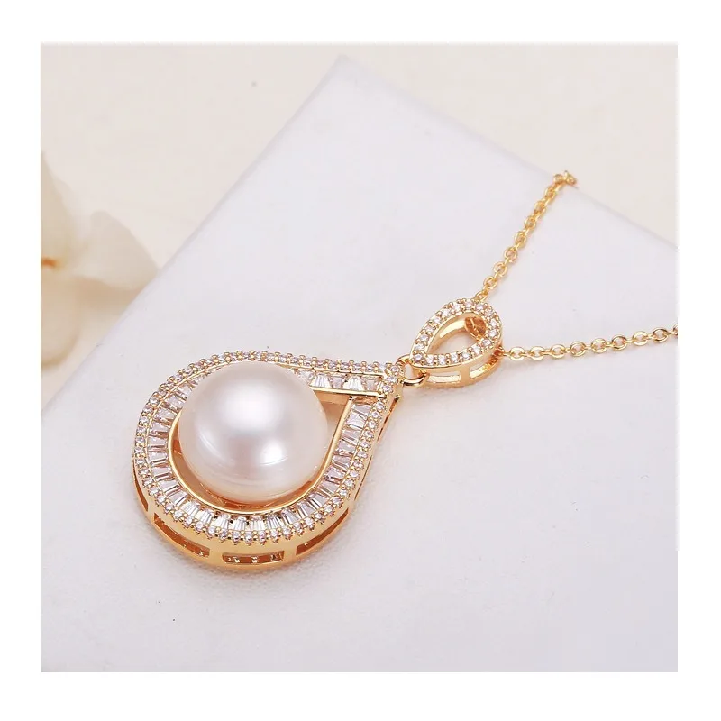 

New Pearl Pendant Full of Diamond Water Droplets Design Gold Copper Plated Light Luxury Freshwater Real Pearl Pendant Jewelry Wo
