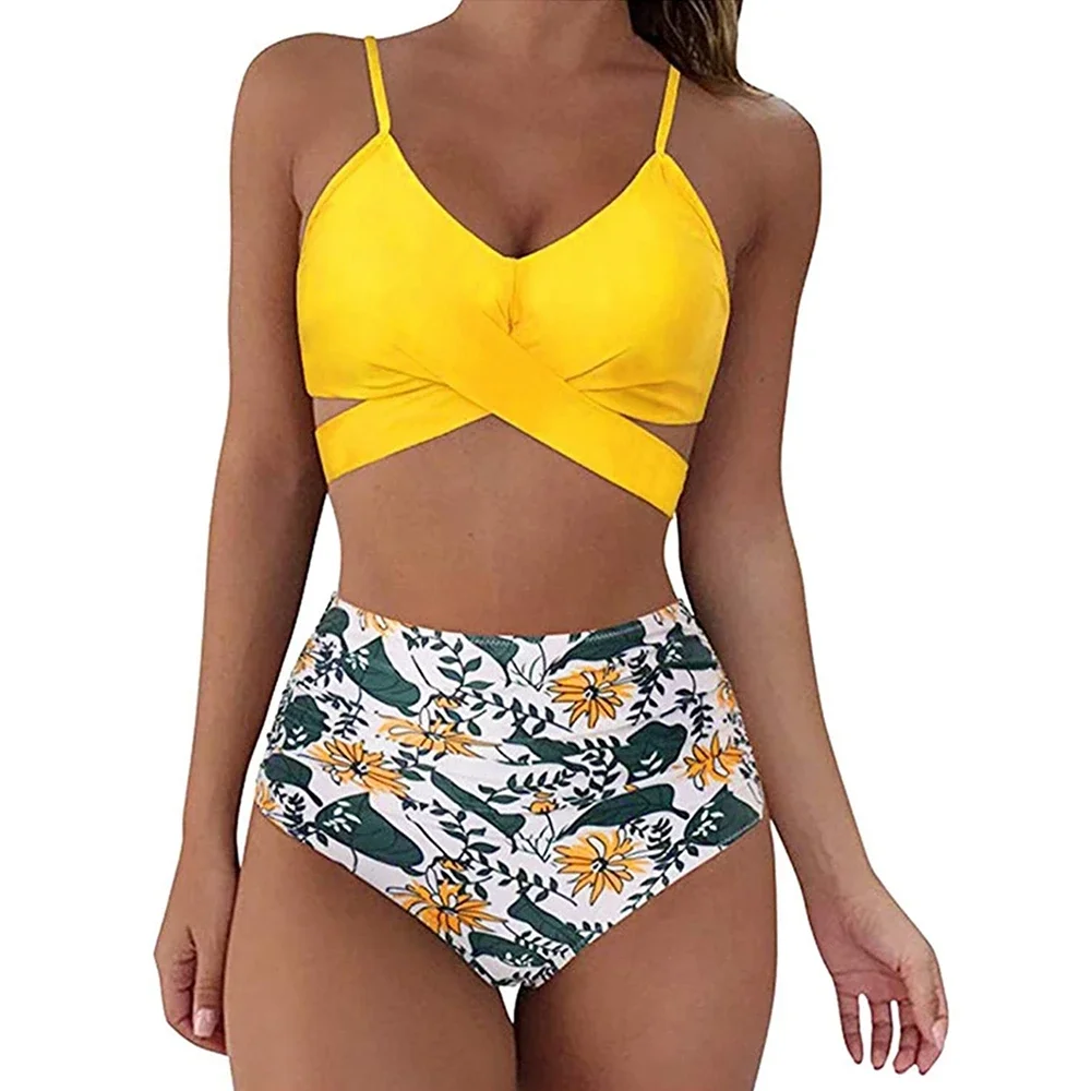 Heiße 12 Farben Frauen Slim Bikini Sets Hohe Taille Sexy Bademode 2 Stück 2025 Solide/Blumen Geraffte Brasilianische Badeanzug Kreuz vorne
