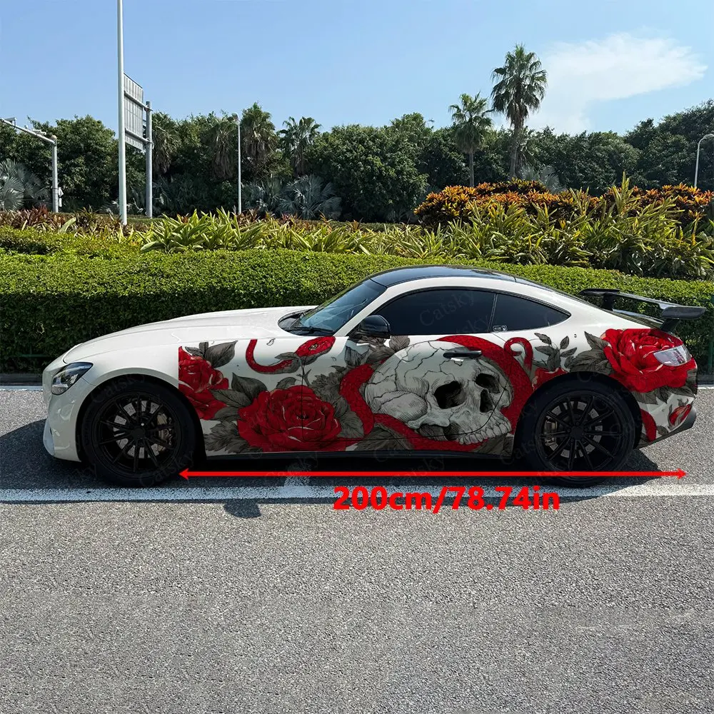 2pcs Bloody Rose & Red Snake Skull Car Side Wraps, Self-Adhesive PVC Waterproof & Scratch-Resistant Stickers, Car Accessory Gift