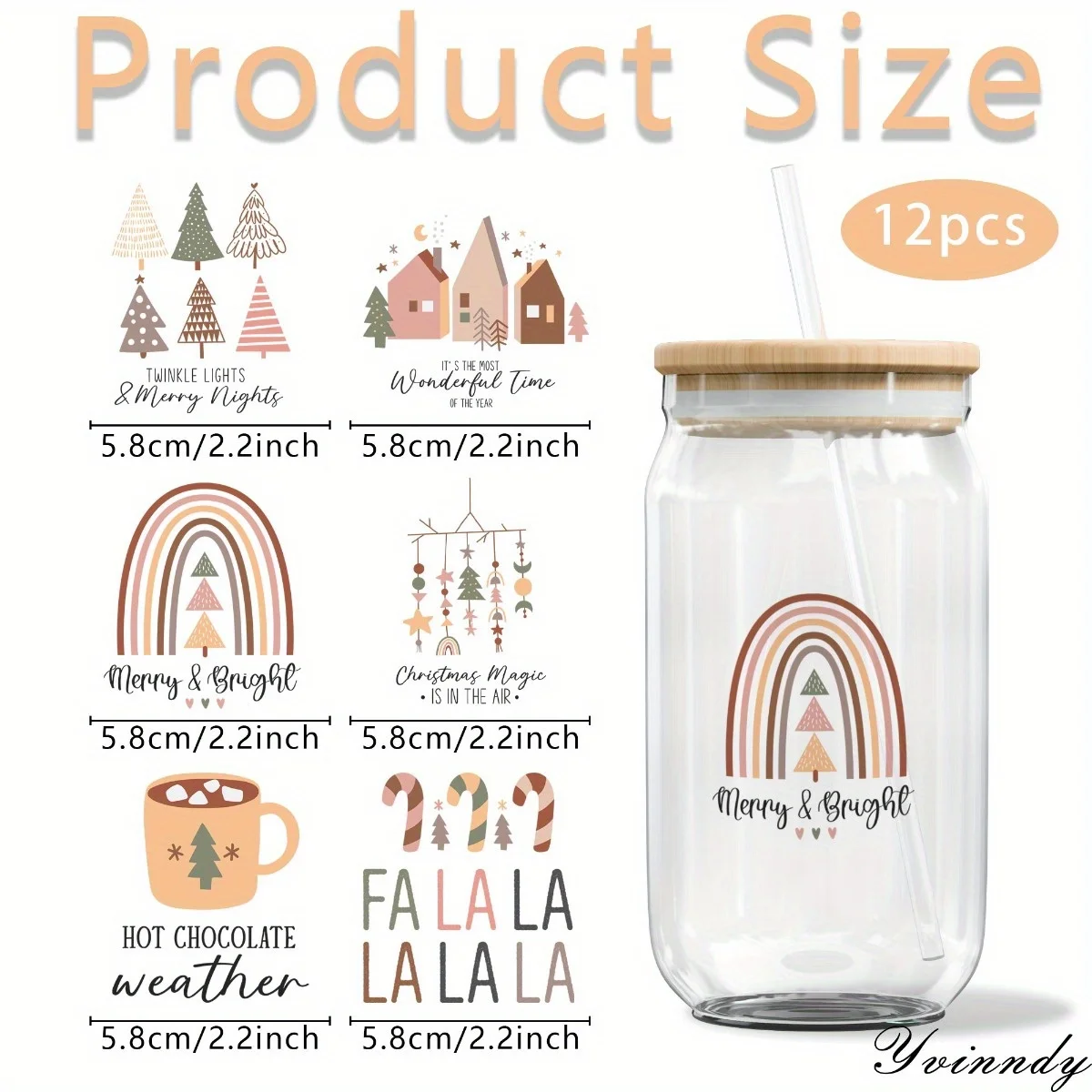 12Pcs/Set Christmas DIY Glass Jar Packaging Stickers UV DTF High Self-Adhesive Transfer Paper