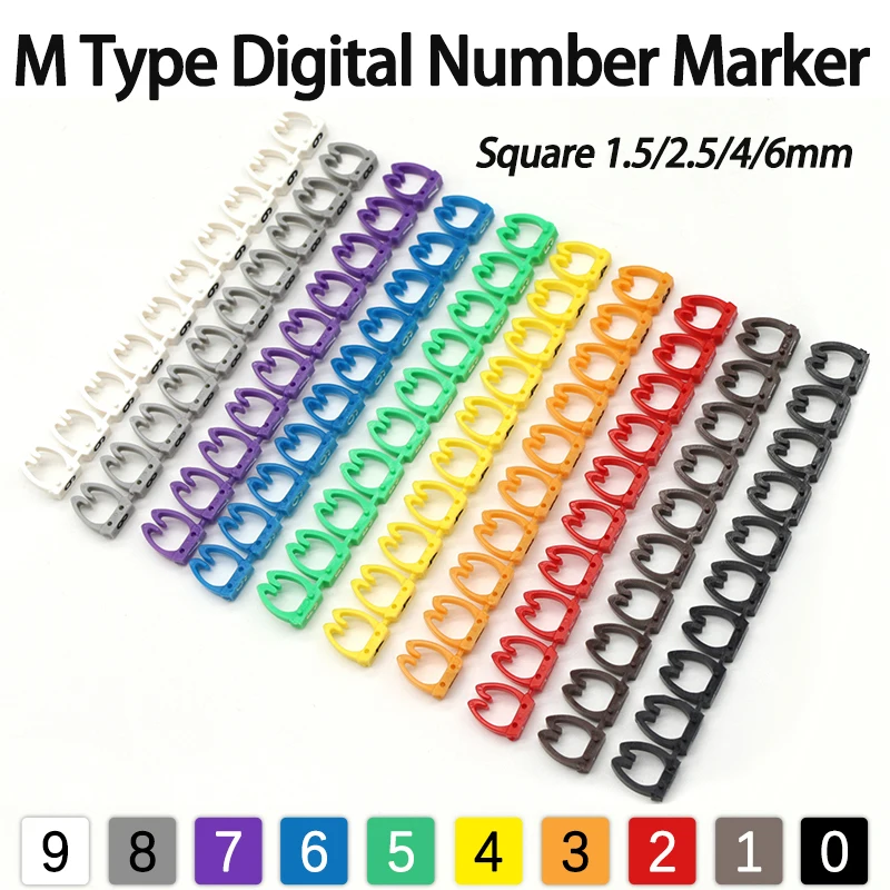 100/150pcs M Type Digital Number Tag Label Tube Colored Wire Numbering Marker Clips 1.5/2.5/4/6mm² Wire Network 0-9 Cable Marke