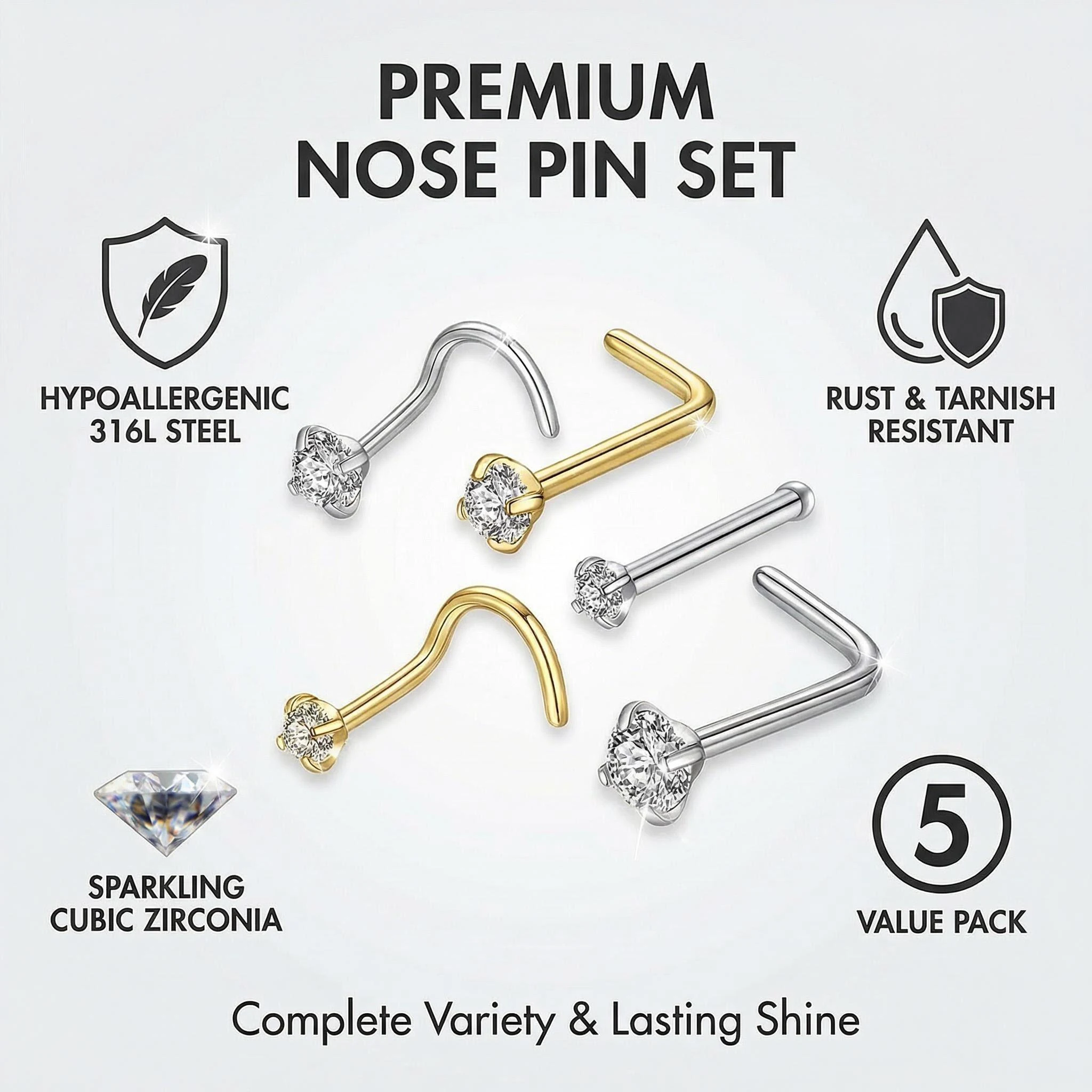 5Pcs CZ Crystal Stainless Steel Nose Studs Piercing Rings Jewelry Bone Shape Nostril Piercings Round Gem for Women 20guage 0.8mm