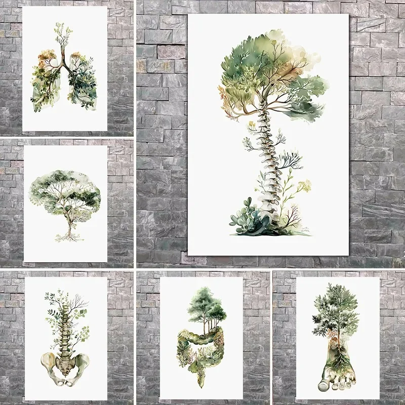 Póster de anatomía botánica en acuarela: pulmones, cerebro, columna vertebral y árbol. Arte de pared para decoración de consu