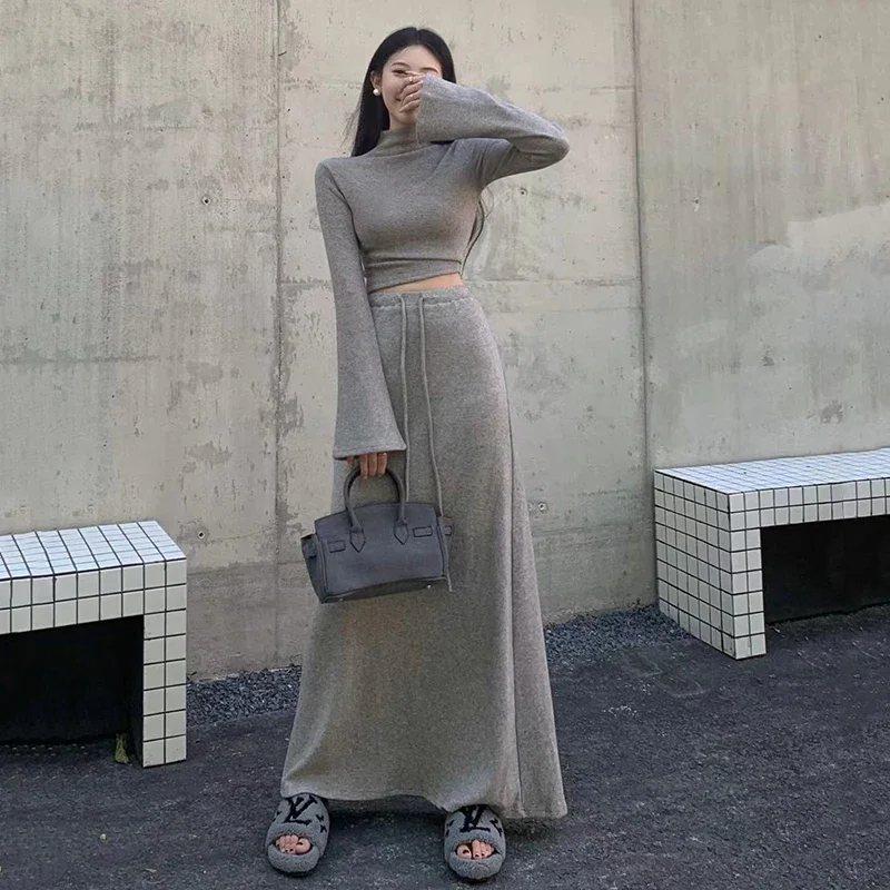 Women Elegant Half Turtle Neck 2 Piece Skirts Y2K Autumn Korean Streetwear Crop Tops Female Loose Long Sleeve Party Skirts Sets