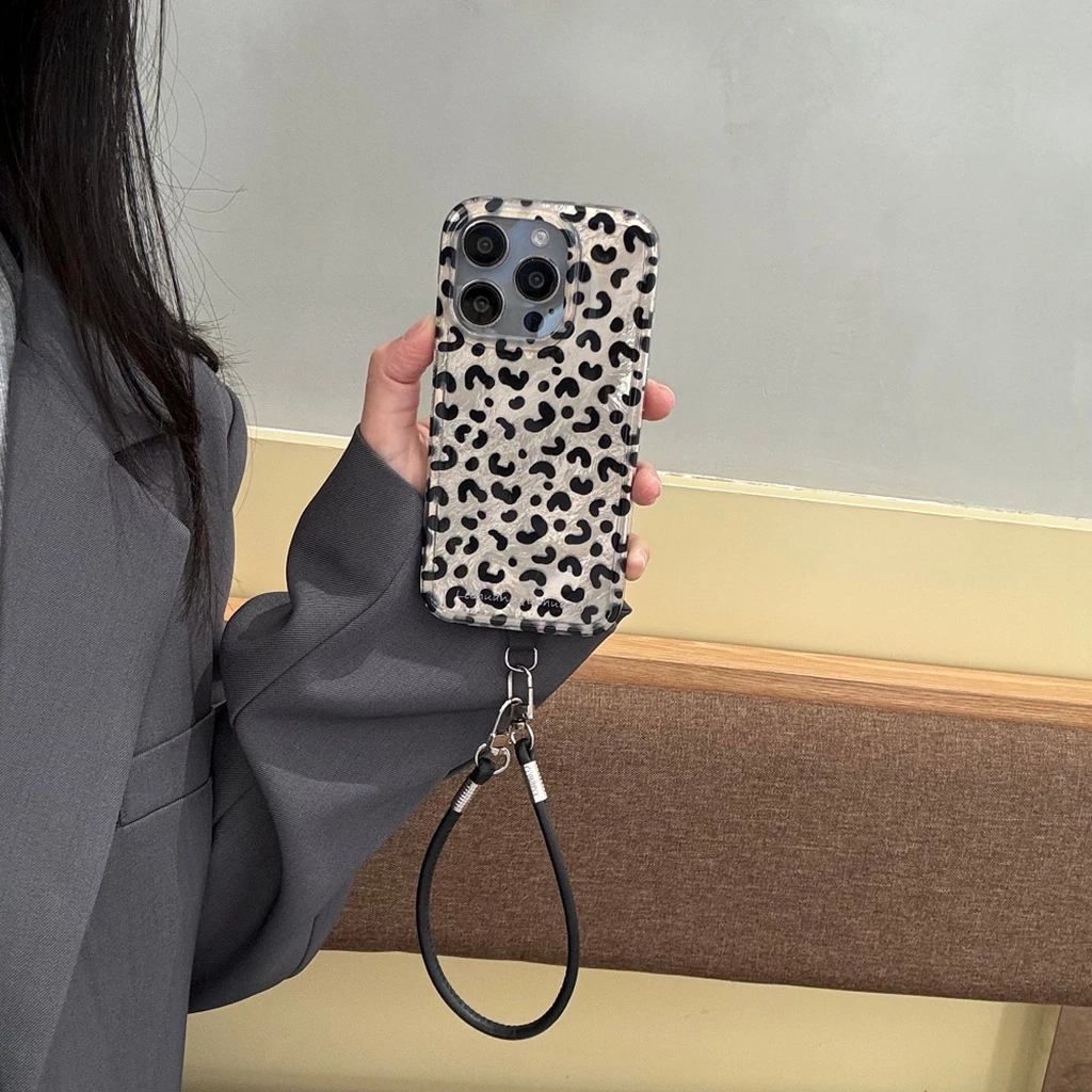 Geavanceerde zilveren luipaardprint tinfoliepatroon met lanyardhouder schokbestendig telefoonhoesje voor iPhone 16 15 14 13 Pro Max