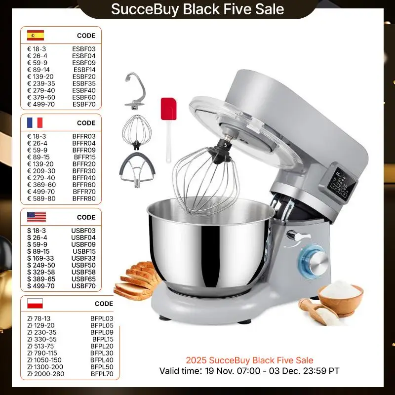 Vevor 5.5/7l Elektrische Keukenmixer Met 6 Snelheden Lcd-Scherm Timing Food Mixer Room Ei Garde Zweep Deegkneder Met Stalen Kom