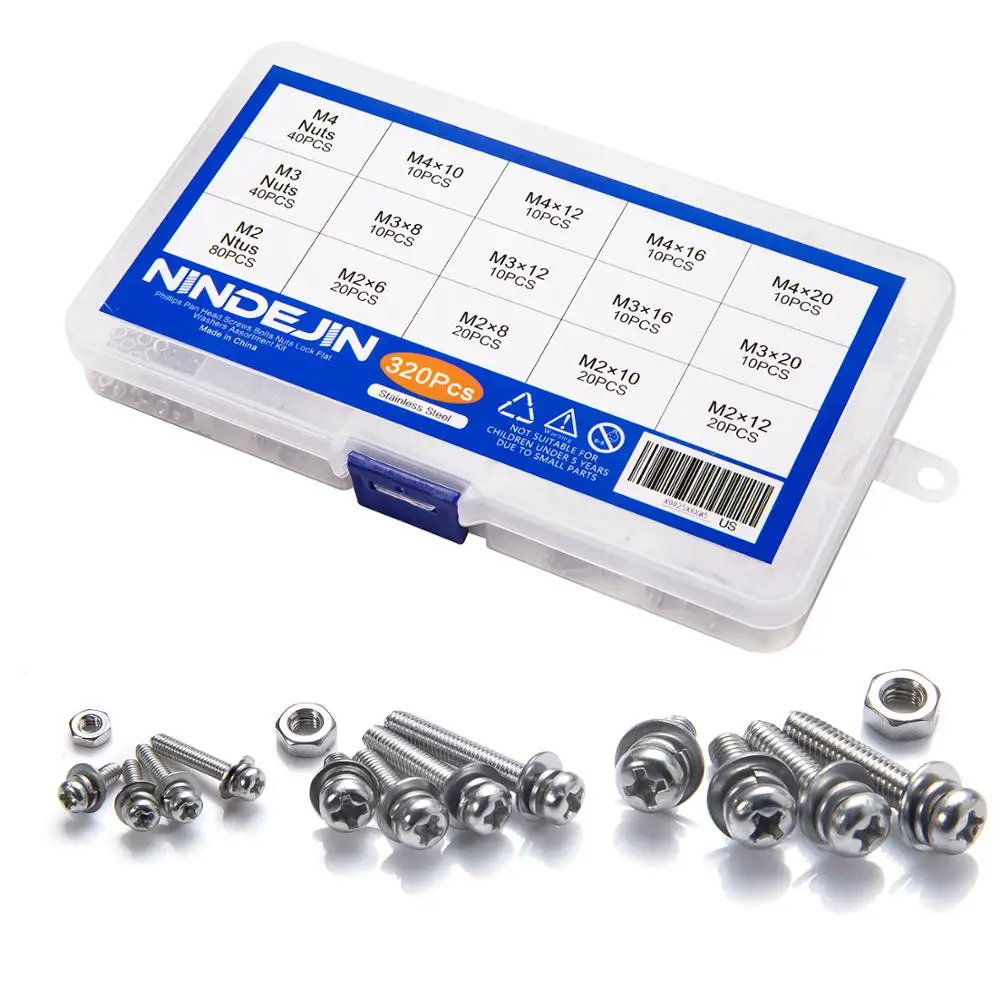Nindejin 320Pcs Pan Hoofd Phillips Schroeven En Moeren Met Platte Ringen Rvs M2 M3 M4 Machine Schroeven Assortiment kit