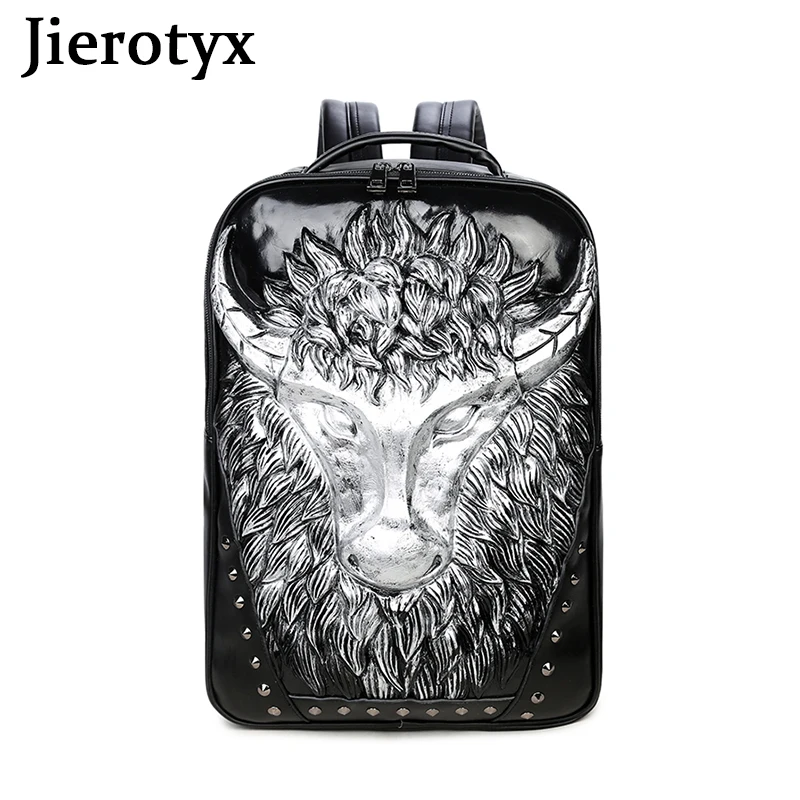 JIEROTYX 3D Cow Head Studded Waterproof Backpack Unisex Computer Laptop Bags Large Capacity Bookbag School Designer Travel Bag