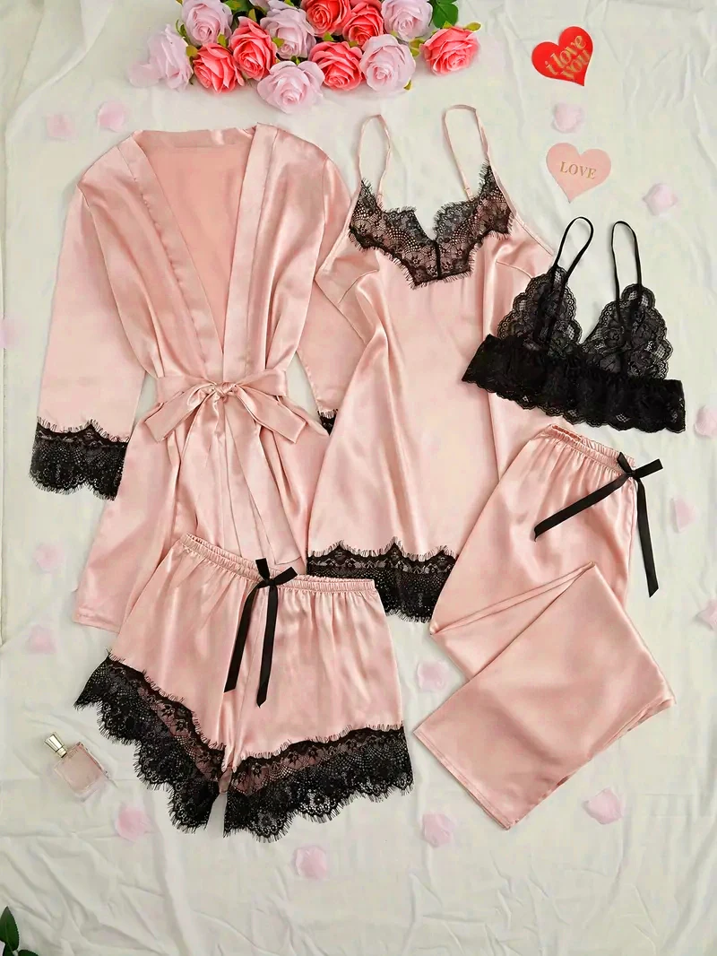 Damen Satin Nachtwäsche Pyjama Set Rosa Sexy Dessous Bademantel Spitze Patchwork Seide Nachtkleid Hose Home Bekleidet Nachtwäsche – Detail 2