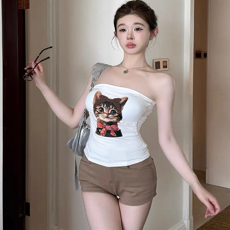 Summer New Pure Desire Sexy One-Shoulder Tube Top Women Slimming Versatile Fixed Strap Chest Pad Top Nylon Cotton Spandex Blend