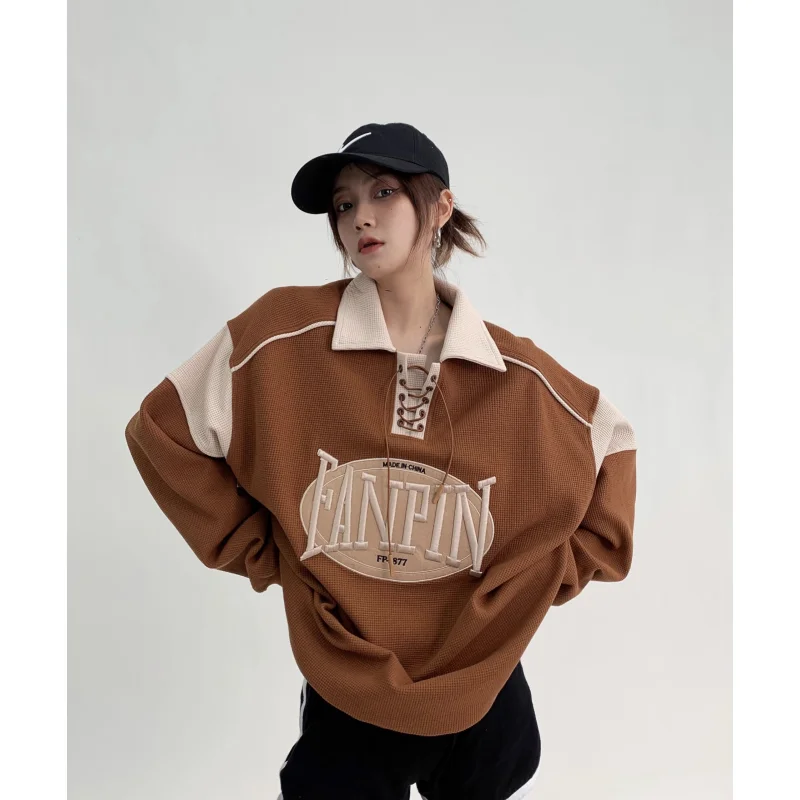 Brown Long Sleeves Women 2023 Autumn Letter Embroidery Shirt Korean Fashion Baggy Simplicity Blouse Casual Ladies TOP Shirt