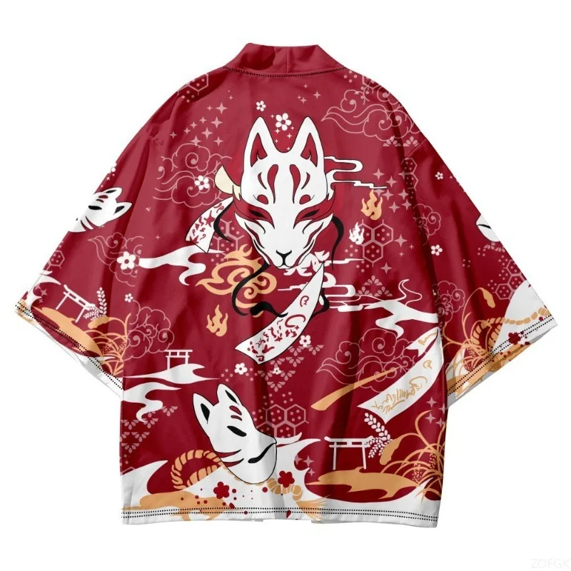 Chinese Style Harajuku Haori Printed Cape Kimono with Open Collar for Men and Women, Loose Wave Carpet Printed Cape
