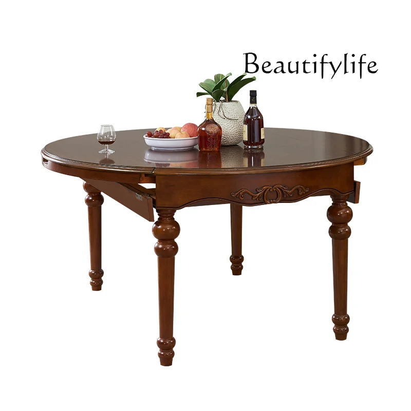 

American solid wood dining table variable round table modern simple restaurant one table 6 chairs combination long folding