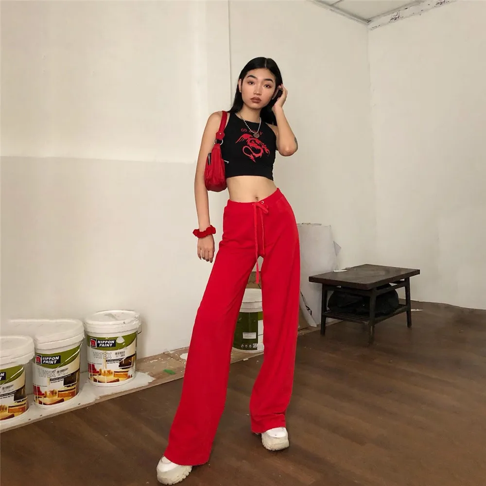 

2023 New Autumn Women High Street Wide Leg Slim Soft Pants Fashion Red Harajuku Casual Solid Loose Bottoms Pants Femme Mujer Y2k