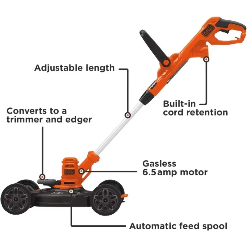 BLACK+DECKER 3-in-1 Corded Lawn Mower, String Trimmer & Edger, 12-Inch (BESTA512CM)