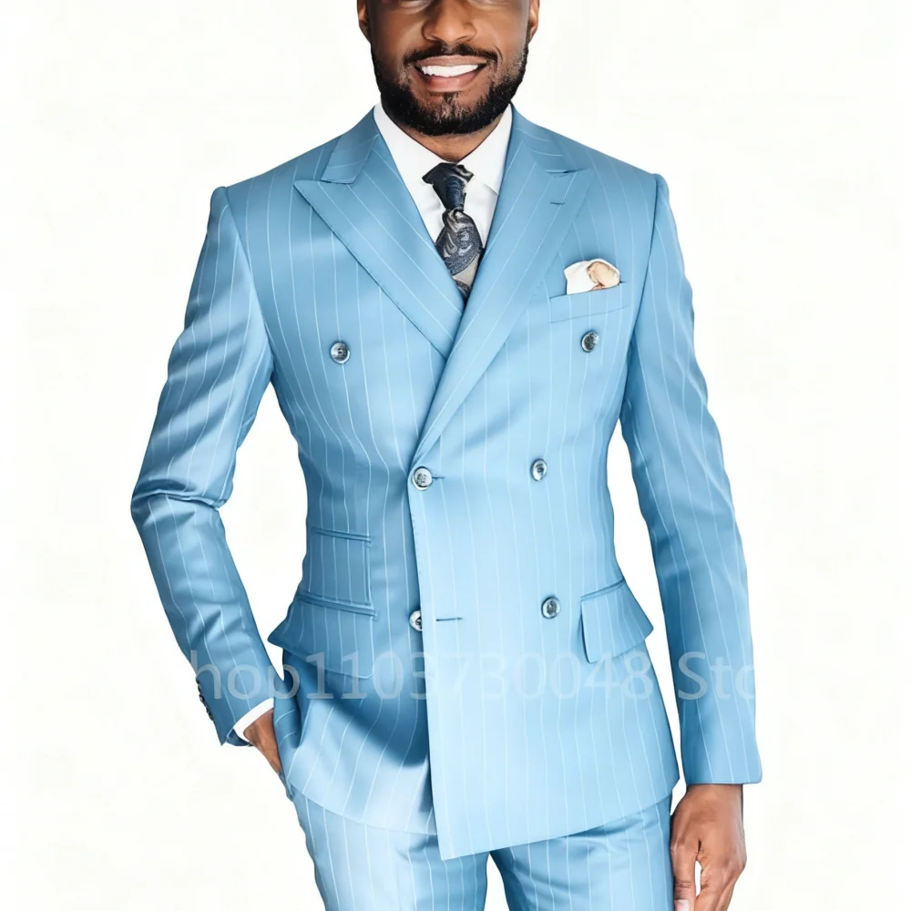 

Men's Slim Fit Blue Striped Suit Double Breasted Peak Lapel Smoking Blazer 2-Piece Wedding Groomsmen Tuxedo Ensemble