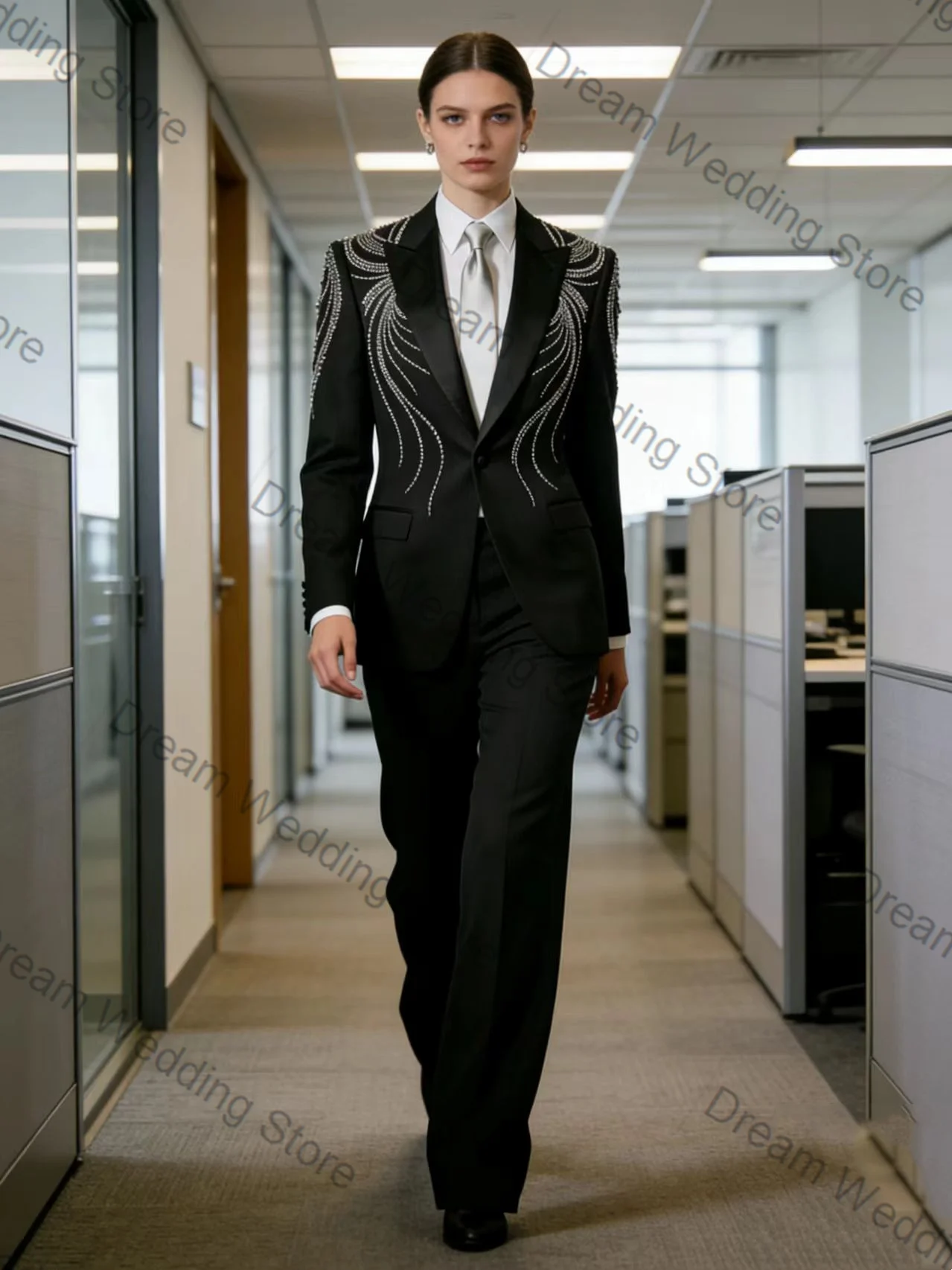 

Crystals Women Suit Set 2 Pcs Blazer+Pants Trousers Black Cotton Spring Formal Office Lady Jacket Customized Wedding Guest Coat