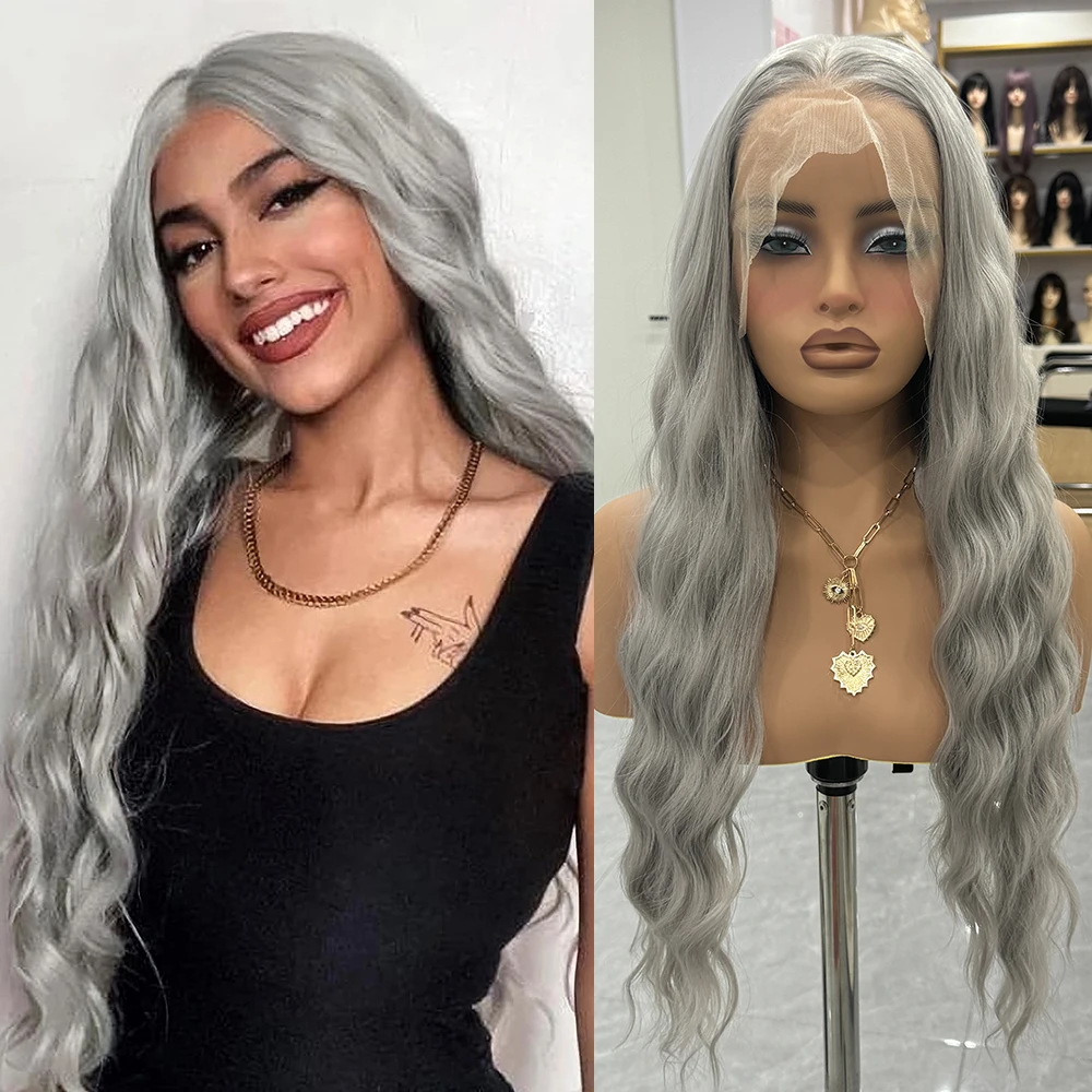 RDY Grey Long Wave Synthetic Lace Wig Natural Wave Lace Hair Ready To Wear Grey Wig Cosplay Synthetic Frontal Lace Wig For Women