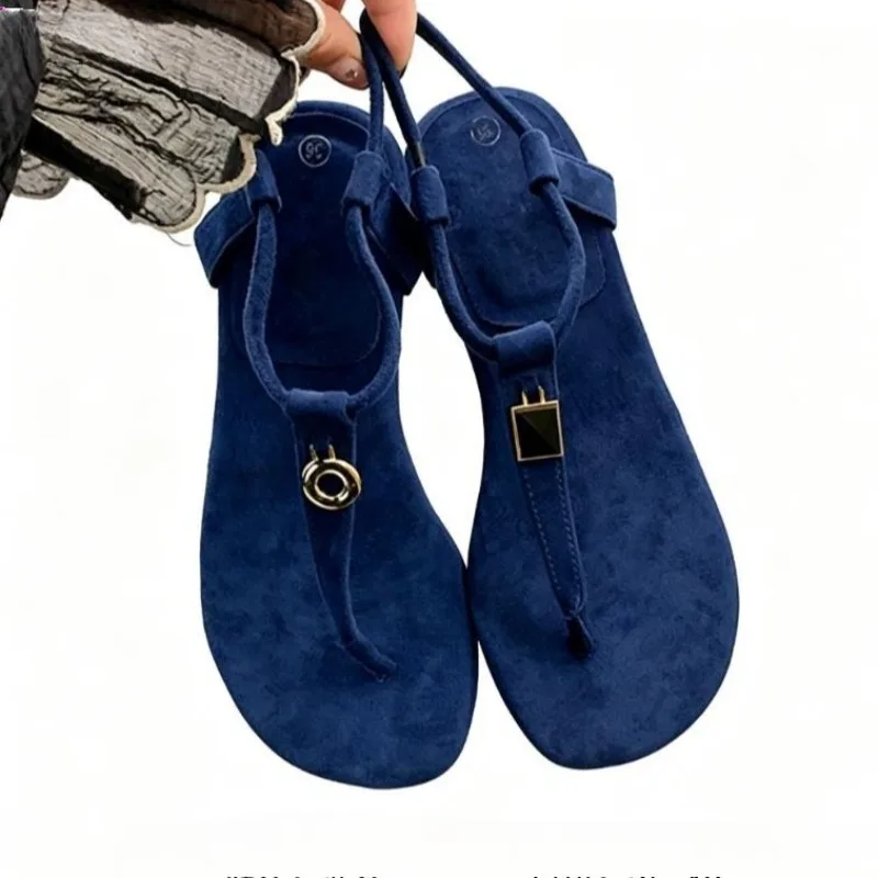 

Aneikeh Summer Women's Blue Suede T-Strap Flip Flops Metal Decor Flat Sandals Ankle Strap Casual Slingback Slippers Beach Shoes