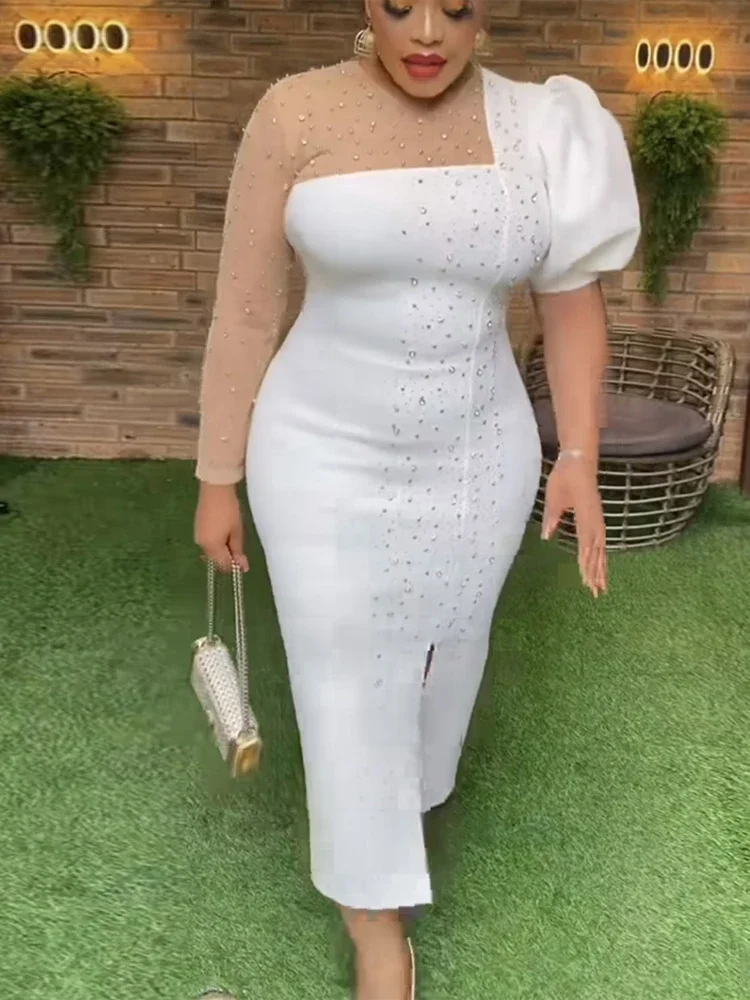 

Elegant Women Party Dresses Luxury Beaded Diamond Sheer Sleeve Asymmetrical White Midi Bodycon Dress Evening Celebrity Gowns