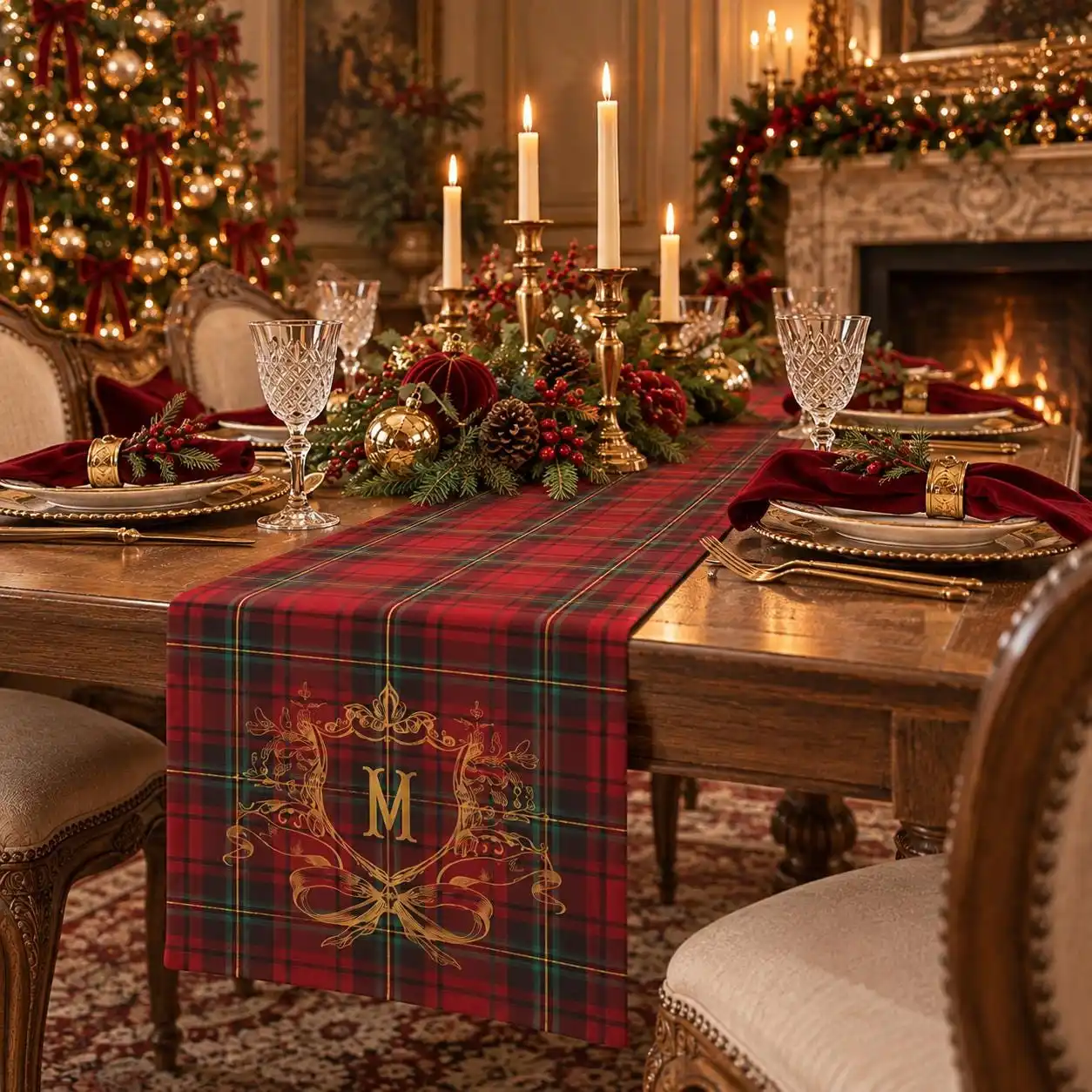 2026 Christmas Table Runner, Red Tartan Plaid Golden Letter M Print Tablecloth Runner, Vintage Holiday Dining Table Decor for