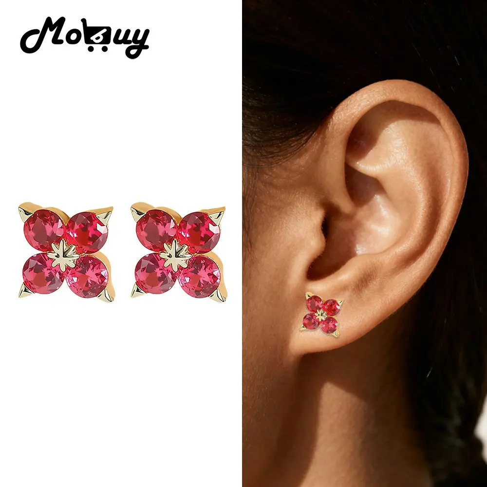 

MOBUY Fashion Synthetic Ruby Four Leaf Earring For Women Simple Exquisite 925 Sterling Silver Gold Vermeil Fine Jewelry Gift