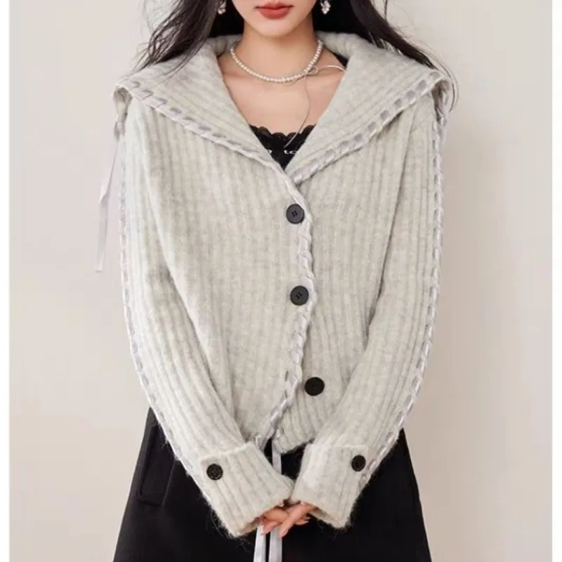 

Однобортный теплый женский кардиган с отложным воротником и длинными рукавами, осень 2022, новый корейский стиль, свободные повседневные вязаные топы на шнуровке