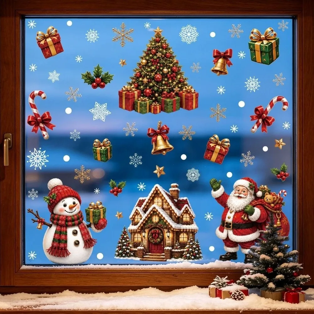 2Pcs/Set Santa Snowman Designs Christmas Window Stickers Snowflake Pattern Reusable Christmas Window Static Clings PVC