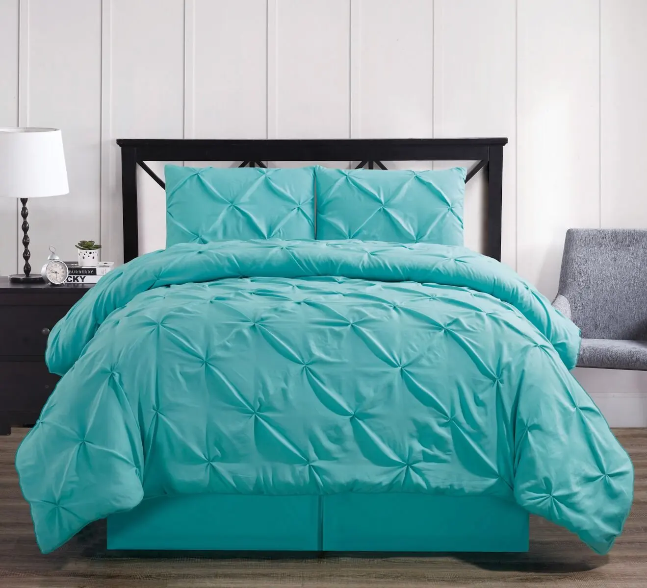 Oxford Decorative Pinch Pleat Comforter Set, 4 Pieces, Hypoallergenic Comforter, Down Alternative Fill, King, Aqua