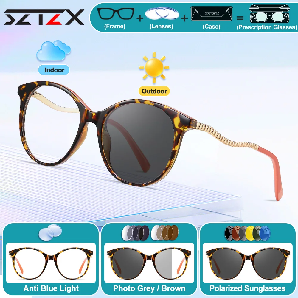

SZTZX Women New Design Round Simple Myopia Reading Prescription Glasses Anti Blue Light Photochromic Progressive Optical Eyeware