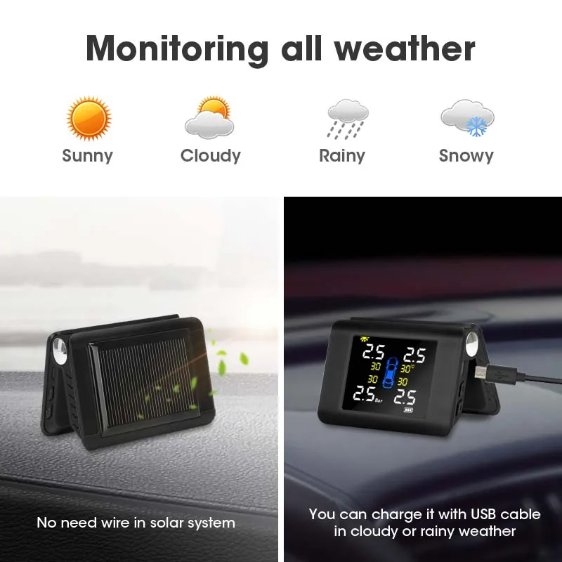 Solar TPMS Wireless Car Tire Pressure Monitor System Smart Alarm Type LED Display Intelligent Temperature Auto Big Screen Sensor